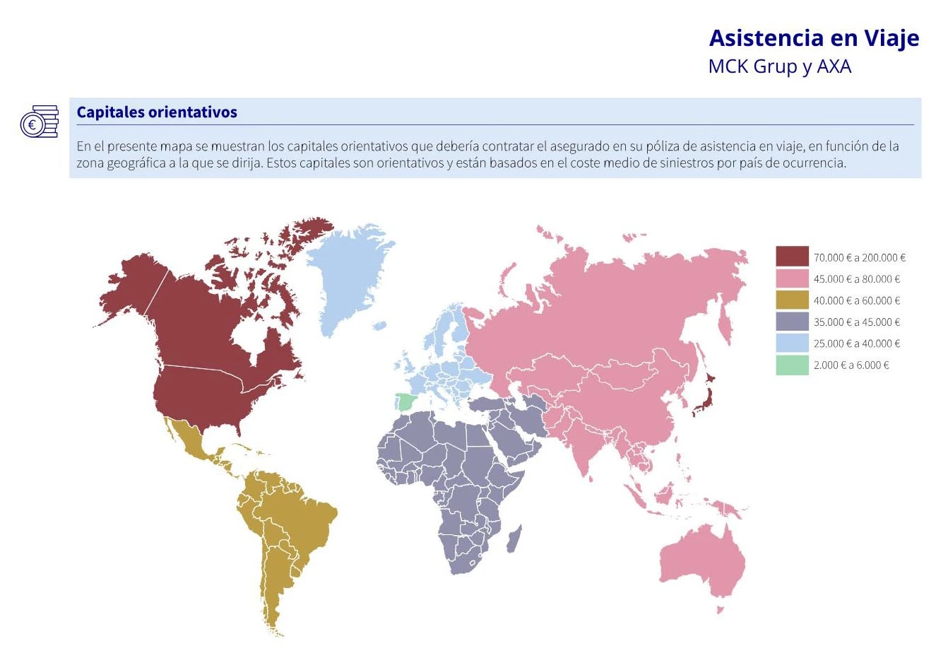 Seguro de asistencia en viaje | Mapa de los capitales orientativos que debería contratar el asegurado en su poliza.