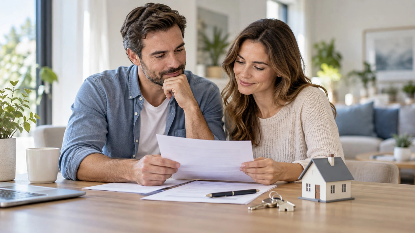 Blog-Seguro-de-vida-vinculado-a-hipoteca Pareja revisando un seguro de vida vinculado a hipoteca con documentación y llaves de vivienda sobre la mesa.
